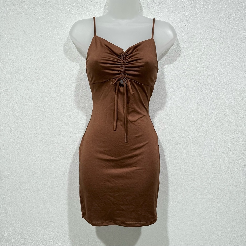NWT brown runched front tie cutout sleeveless spaghetti strap club bodycon dress